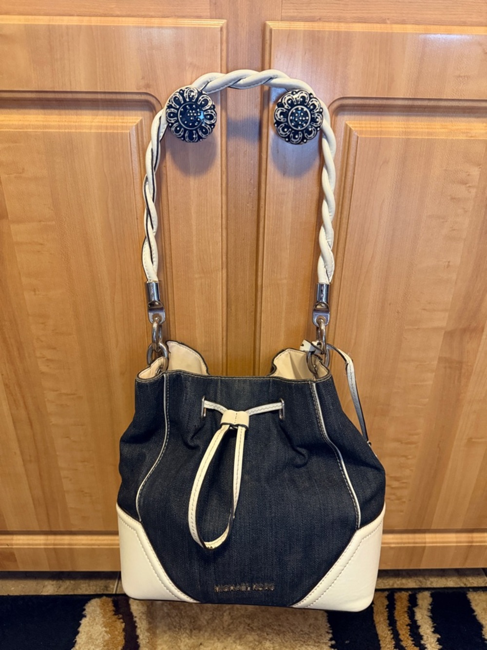 Michael Kors Navy Denim and White Drawstring Shoulder Bag - Picture 12 of 13